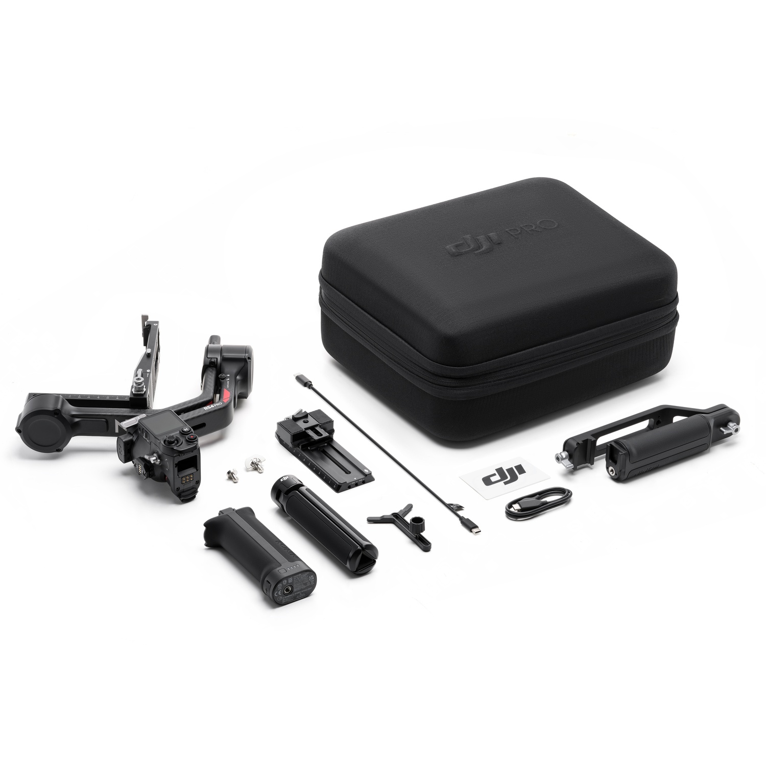 DJI Ronin RS 3 Pro gimbal kit laid out on a white background.