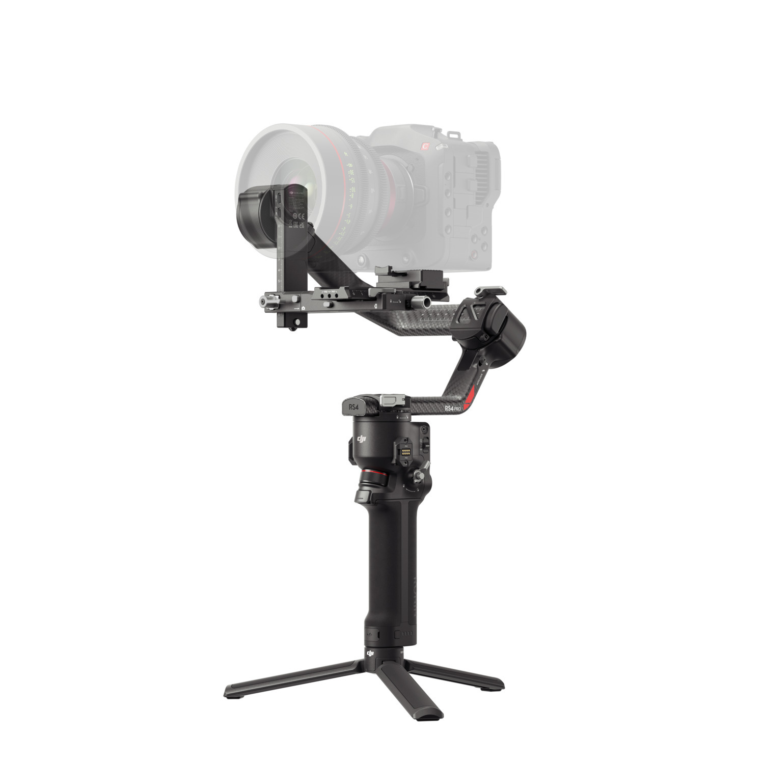 A black DJI RS4 gimbal with a camera mounted, against a white backdrop.