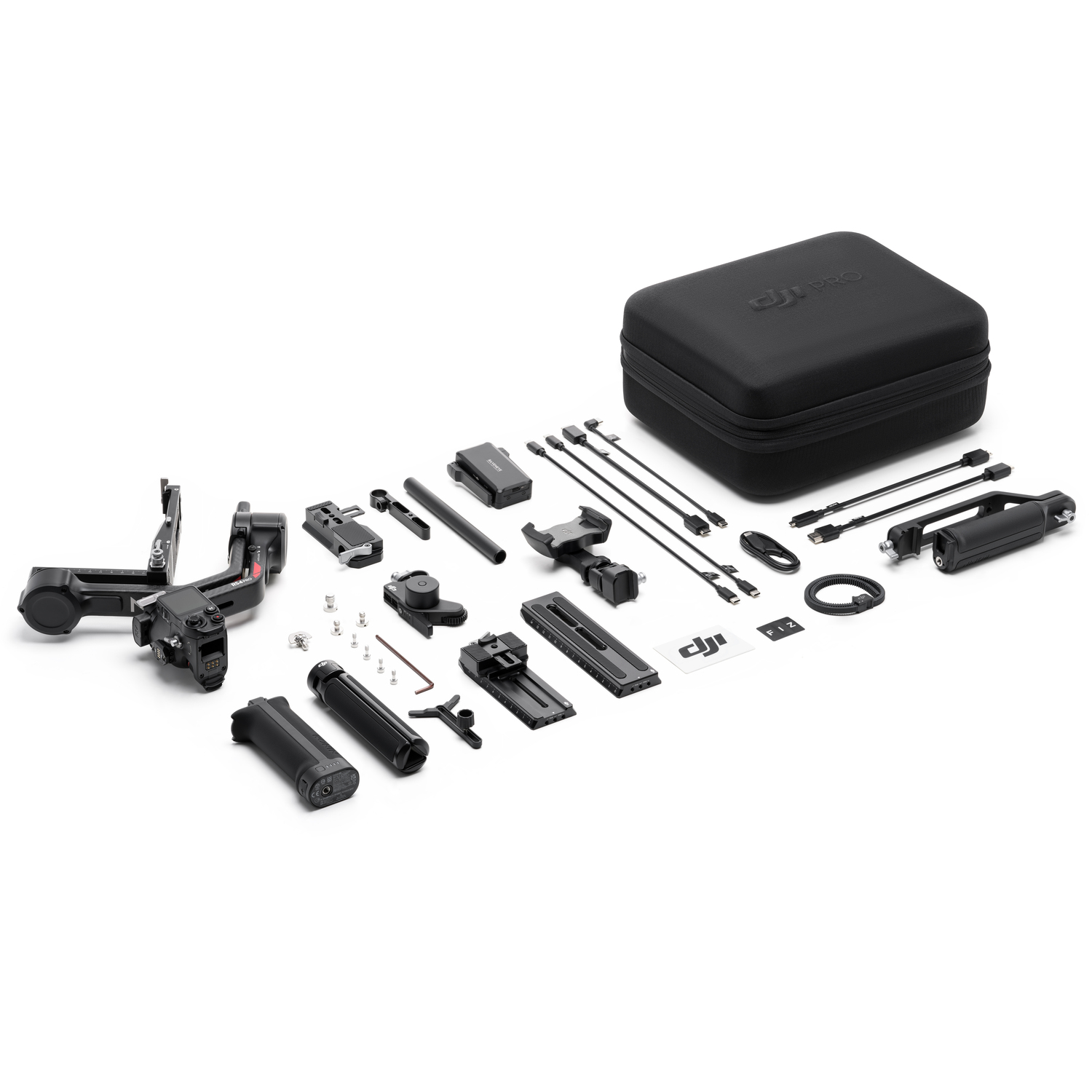 DJI Ronin RS 3 Pro gimbal stabilizer with accessories: cables, handles, and case.