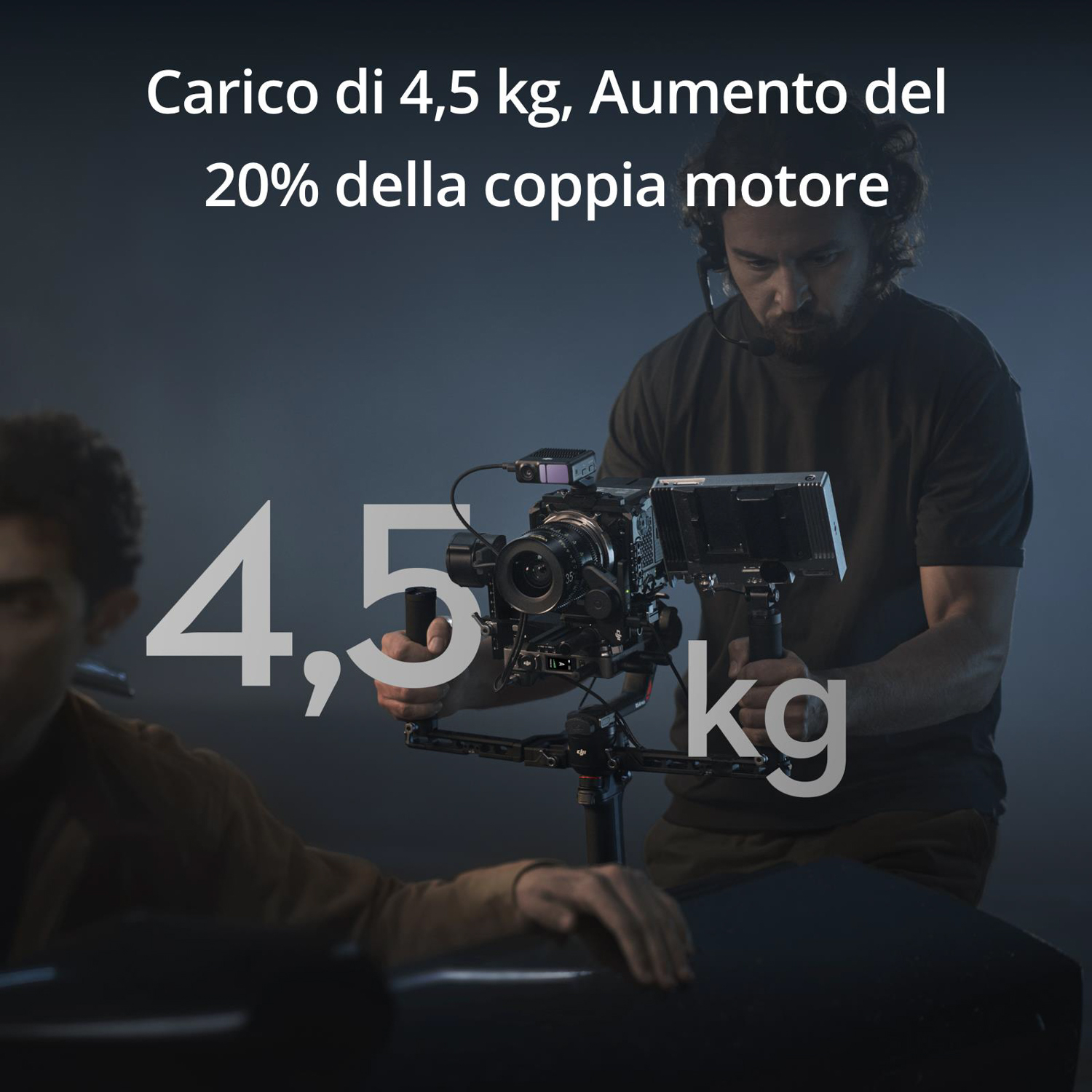 Uomo che tiene una telecamera, con testo su peso e coppia motore.