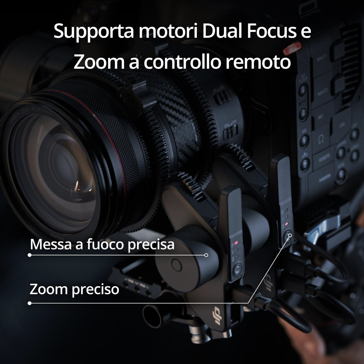 Una fotocamera con accessori collegati, focalizzata sull'obiettivo e sui dispositivi di controllo.