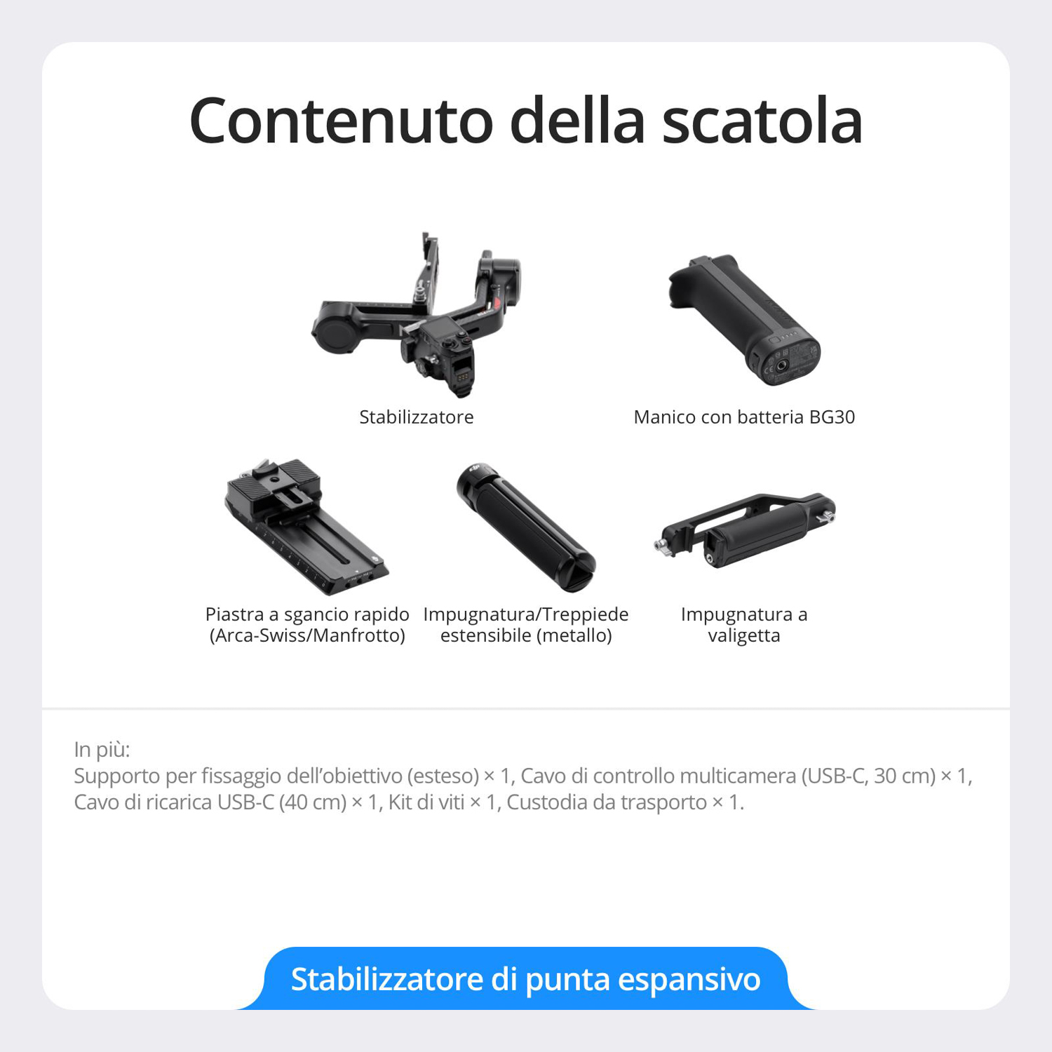 Diverse parti di uno stabilizzatore per fotocamera sono mostrate, tra cui un'impugnatura, una base e una custodia.