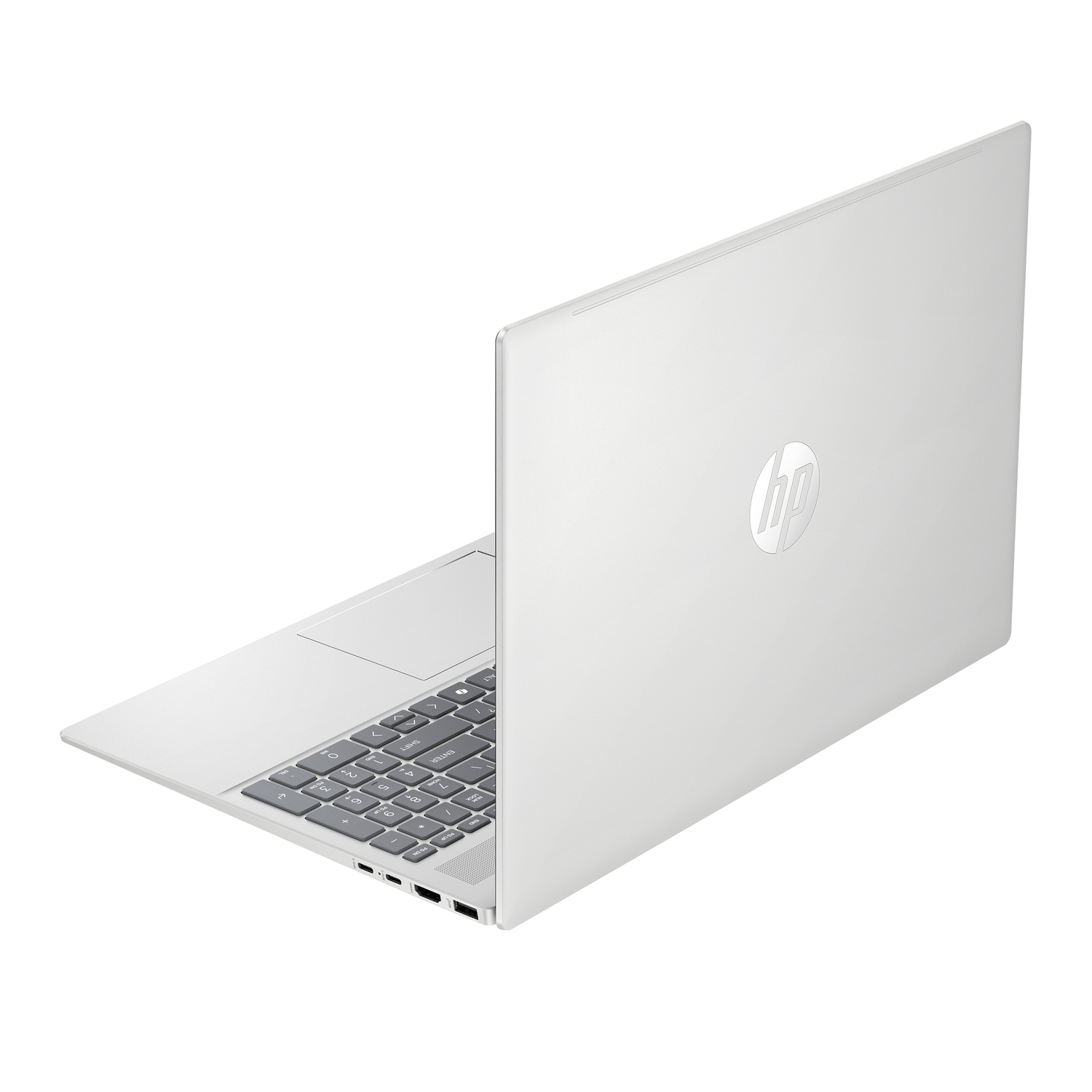A white HP laptop is angled open, showing the keyboard and HP logo on the back.