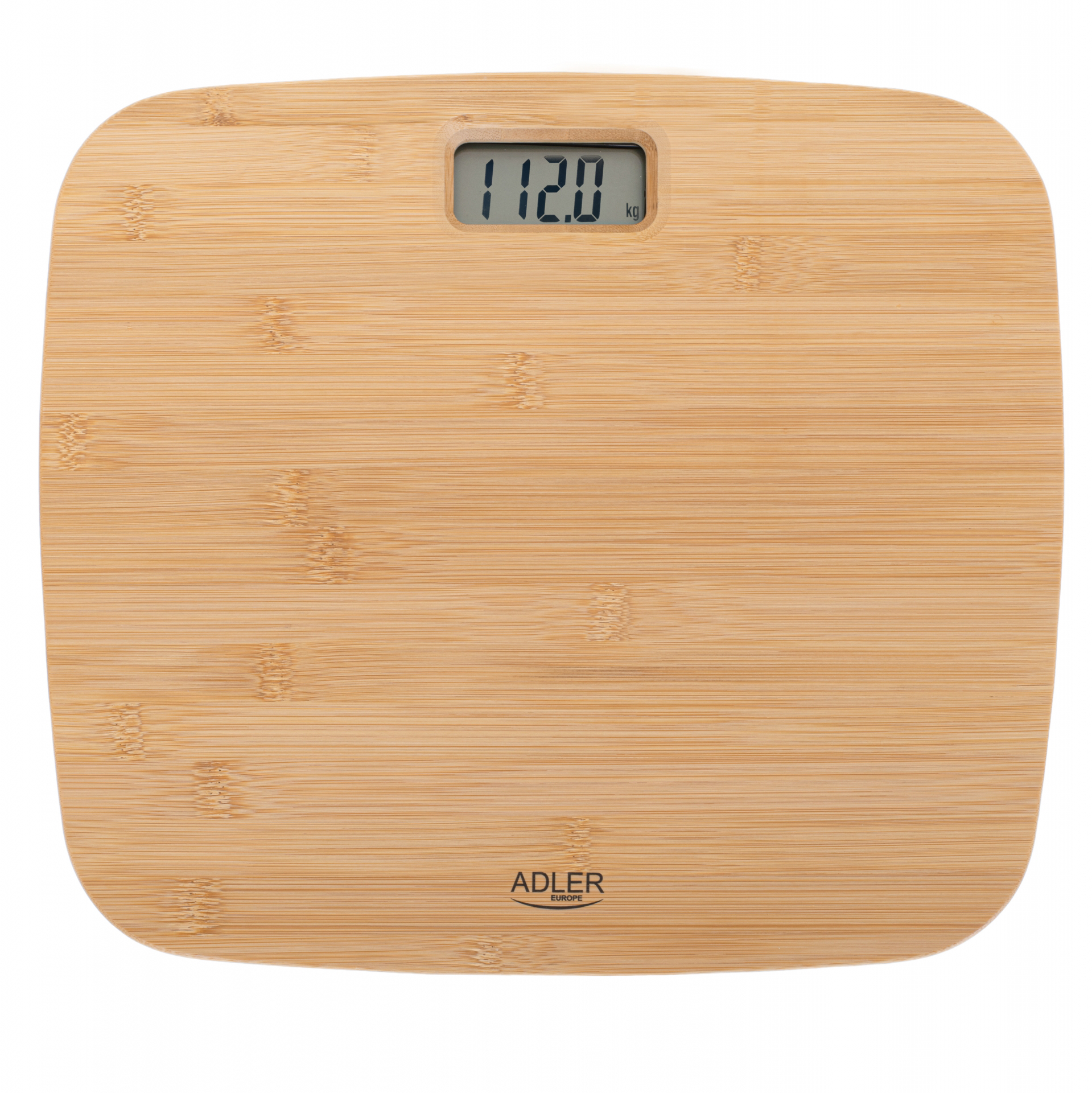 Bambusz stílusú digitális mérleg, 112,0 kg-ot mutat.