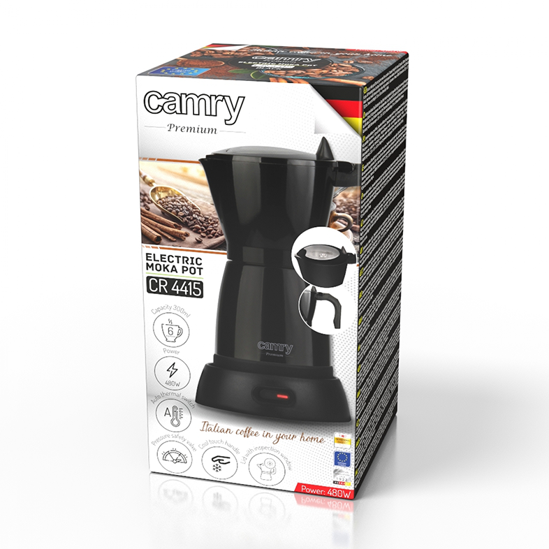 Fekete Camy Moka Pot doboz. A doboz a Moka Pot részleteit és kávébabot tartalmaz.