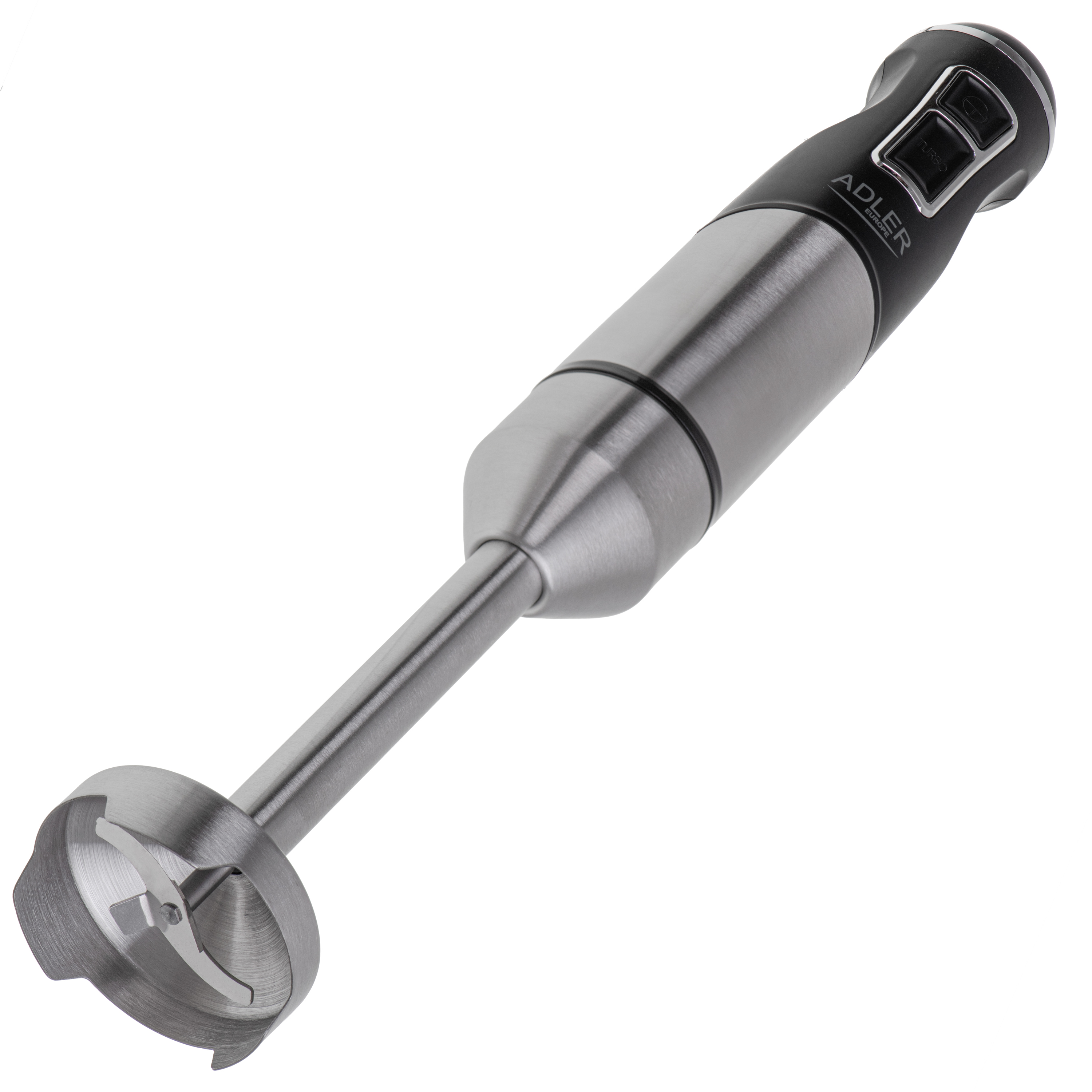 Ezüst kézi mixer fekete részletekkel, a néző felé fordulva.