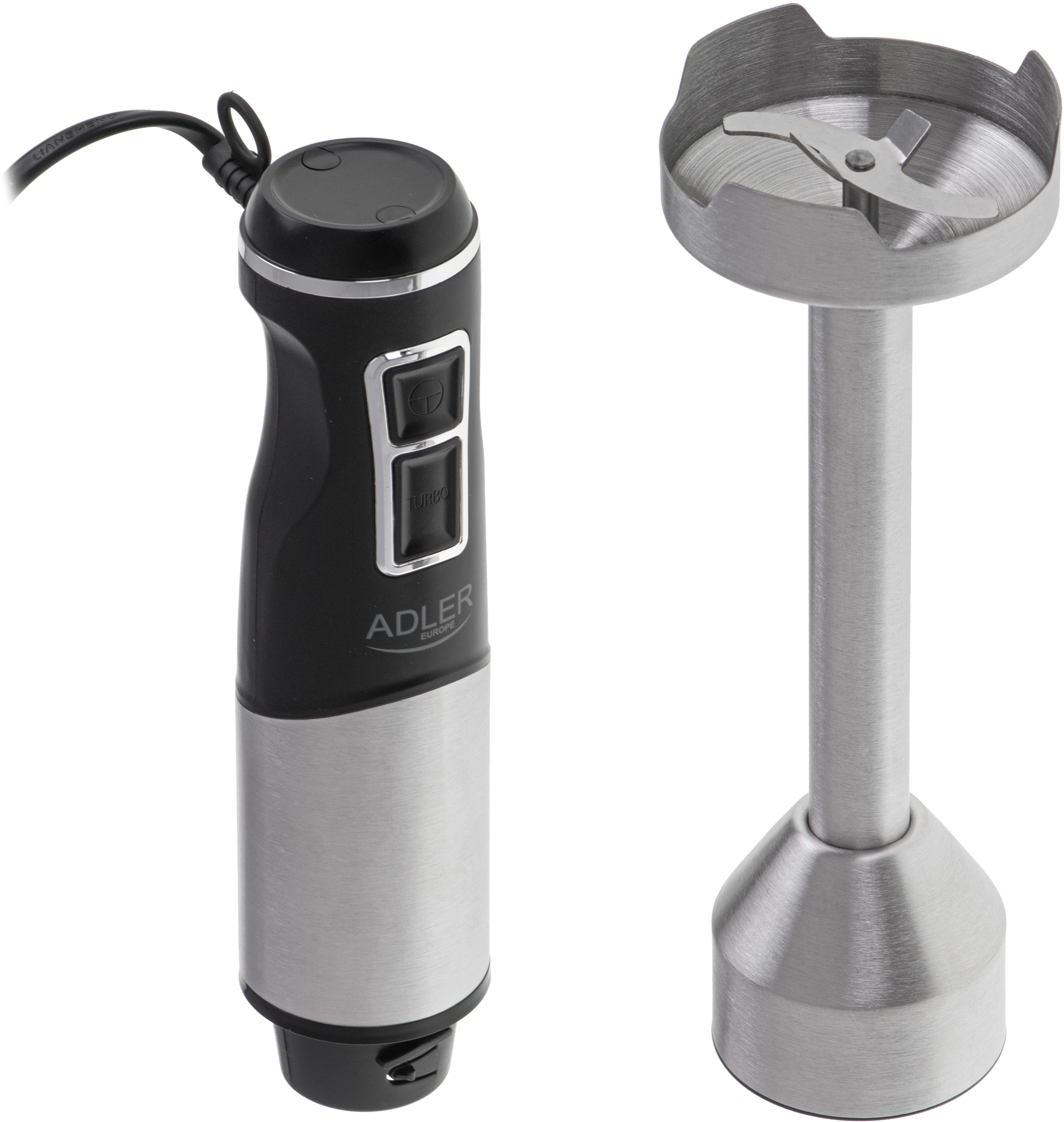 Fekete-ezüst kézi mixer két résszel. Az egyik rész pengékkel, a másik gombokkal.
