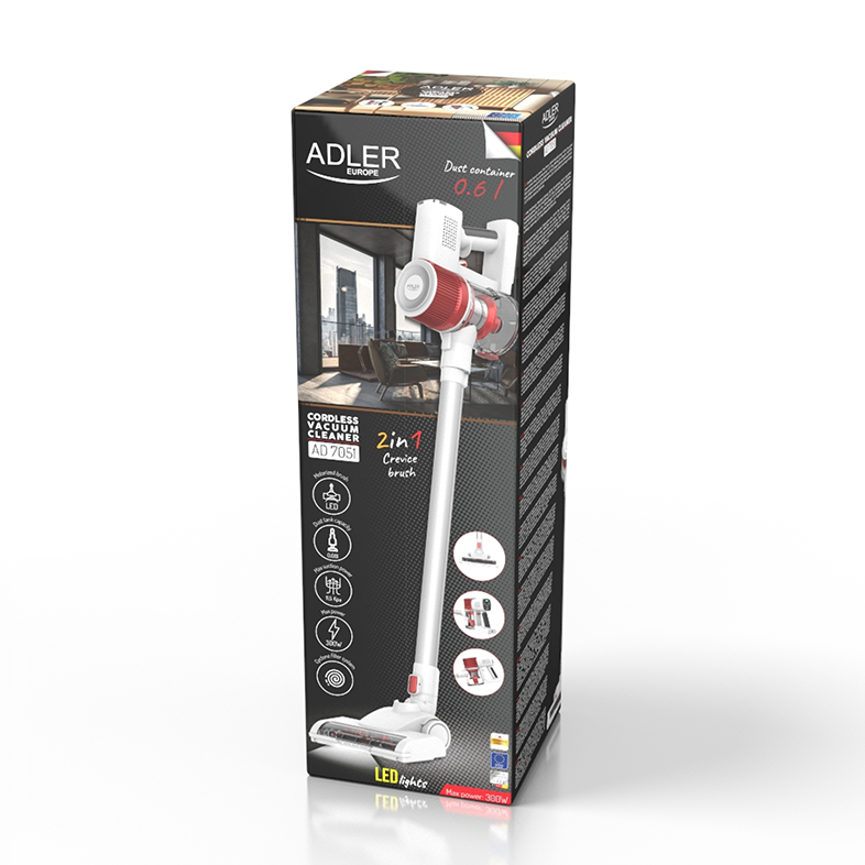Adler porszívó doboz. A porszívó fehér és piros. Szöveg: Akkus, 2in1, LED-es lámpák.