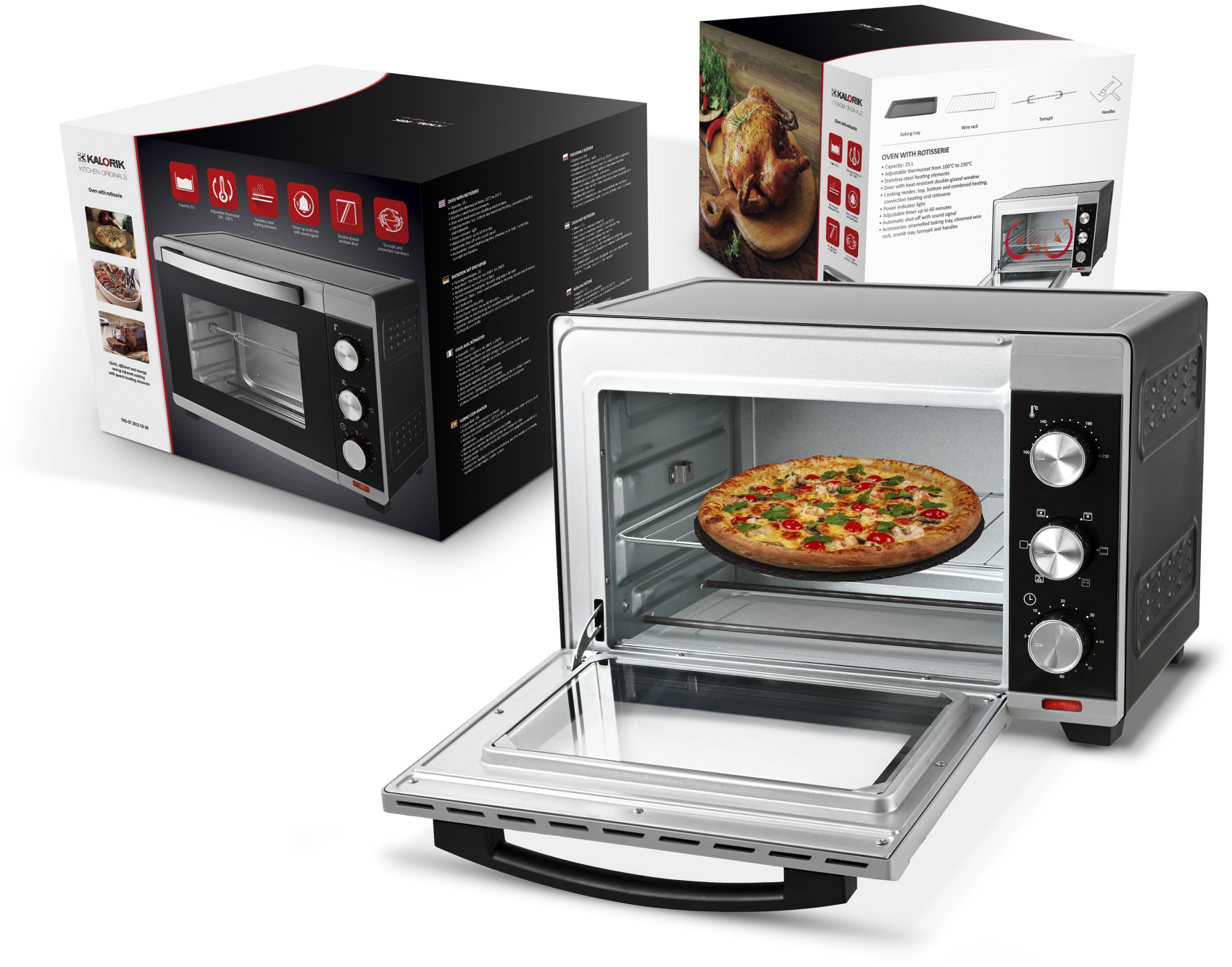 Sütő pizzával, és sütő dobozok.