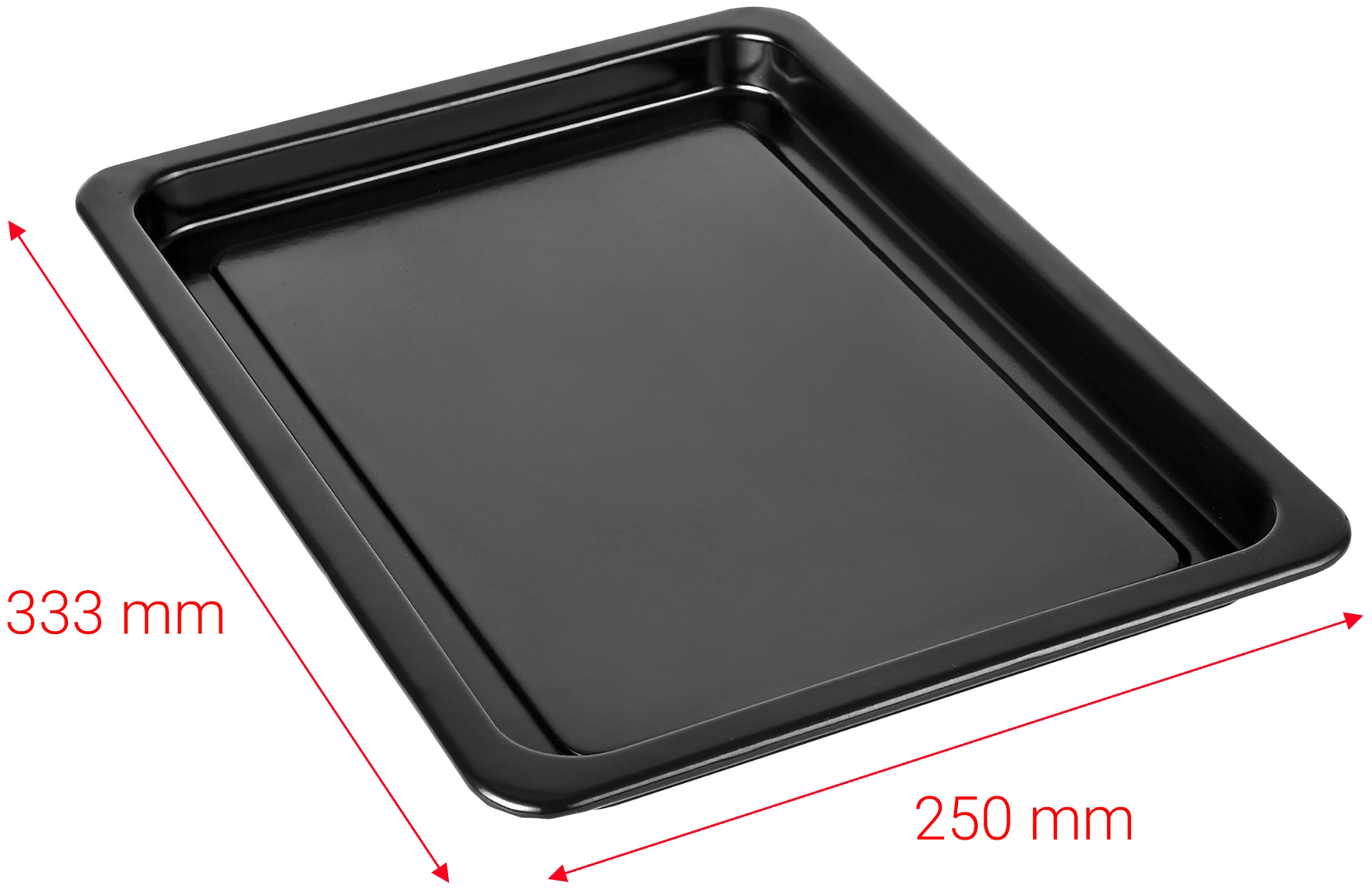Egy fekete téglalap alakú sütőtálca, 333 mm x 250 mm méretekkel.