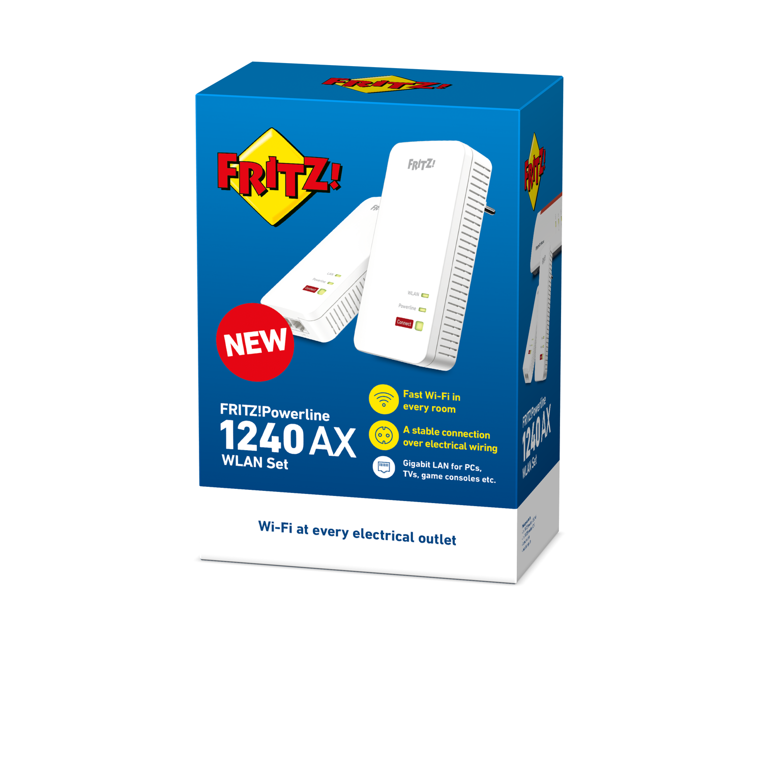 A box of a Wi-Fi extender. Two white devices are on the front of the box.