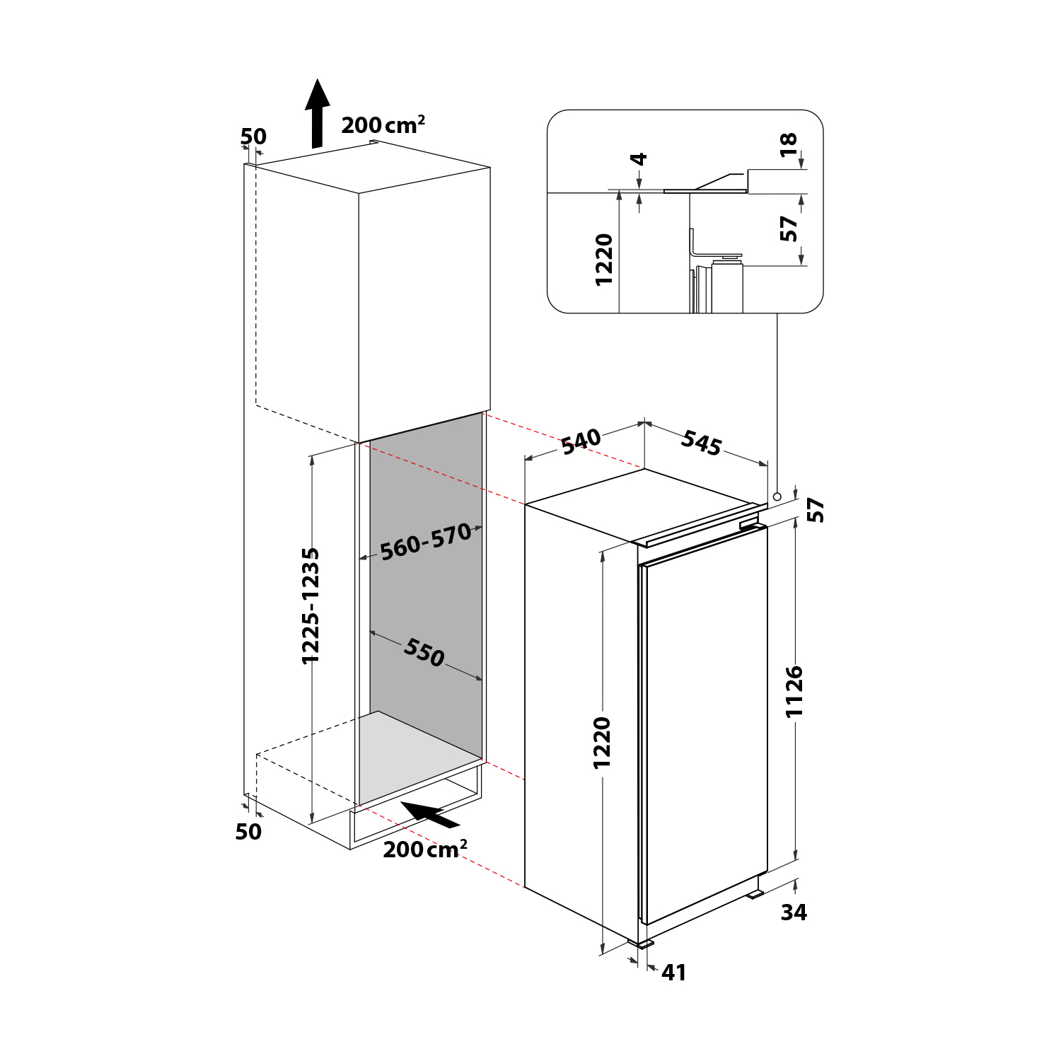 Disegno tecnico di un frigorifero, con dimensioni. Include un diagramma più piccolo della porta.