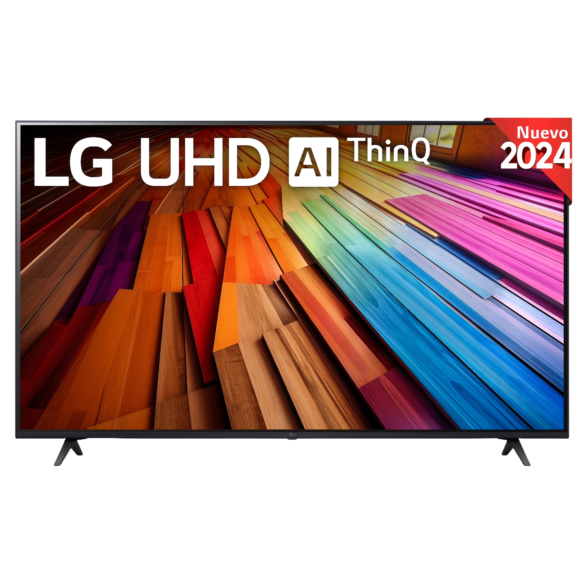 TV LG UHD AI ThinQ con imagen abstracta colorida y etiqueta 'Nuevo 2024'.