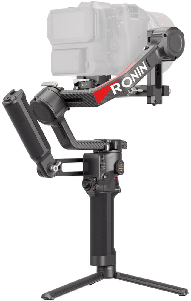 Kamerastabilisator, ein schwarzes und rotes Ronin, auf einem Stativ.