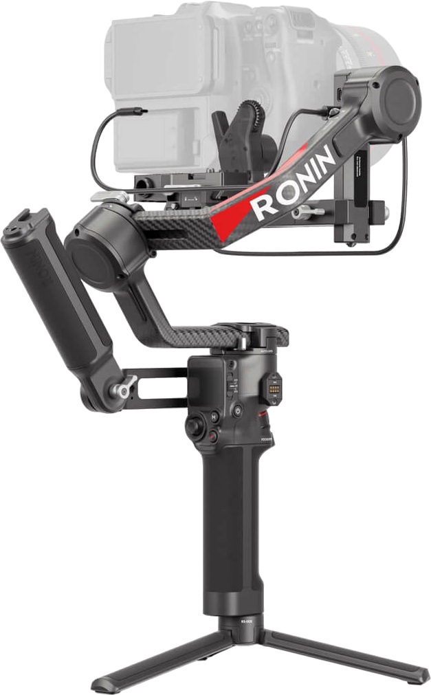 Ein schwarzer Ronin-Kamerastabilisator mit angebrachter Kamera auf einem Stativ. Das Ronin-Logo ist sichtbar.