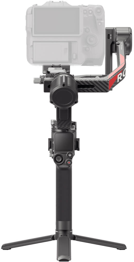Eine Kamera ist auf einem schwarzen Ronin-Gimbal-Stabilisator mit Stativfuß montiert.