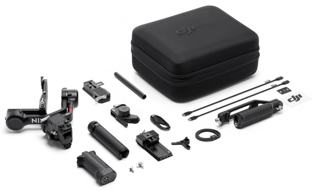 DJI Pro Kamera-Stabilisator-Kit mit verschiedenen Komponenten, einschließlich Koffer und Zubehör.