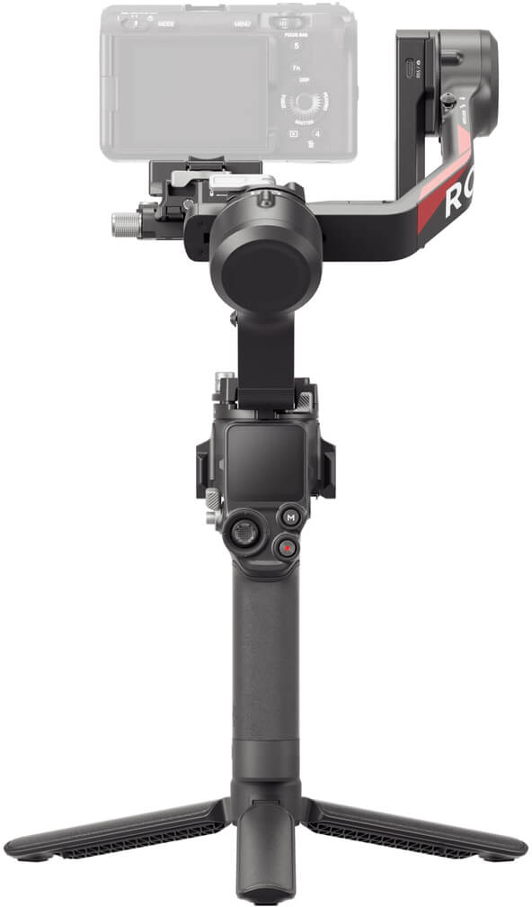Kamerastabilisator mit befestigter Kamera, schwarzes und rotes Design. Stativbasis. Weißer Hintergrund.