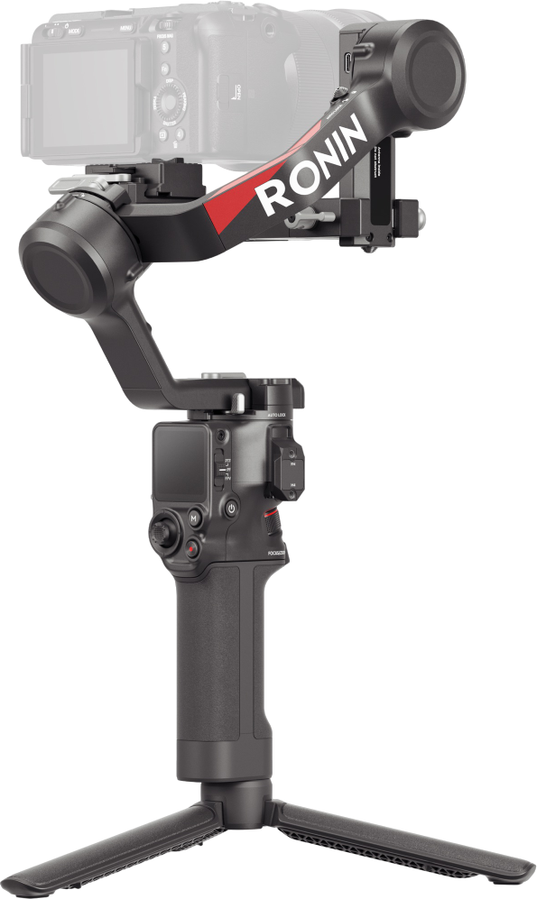 Schwarzer Kamerastabilisator mit dem Wort 'RONIN' auf einem roten Arm, mit weißem Hintergrund.