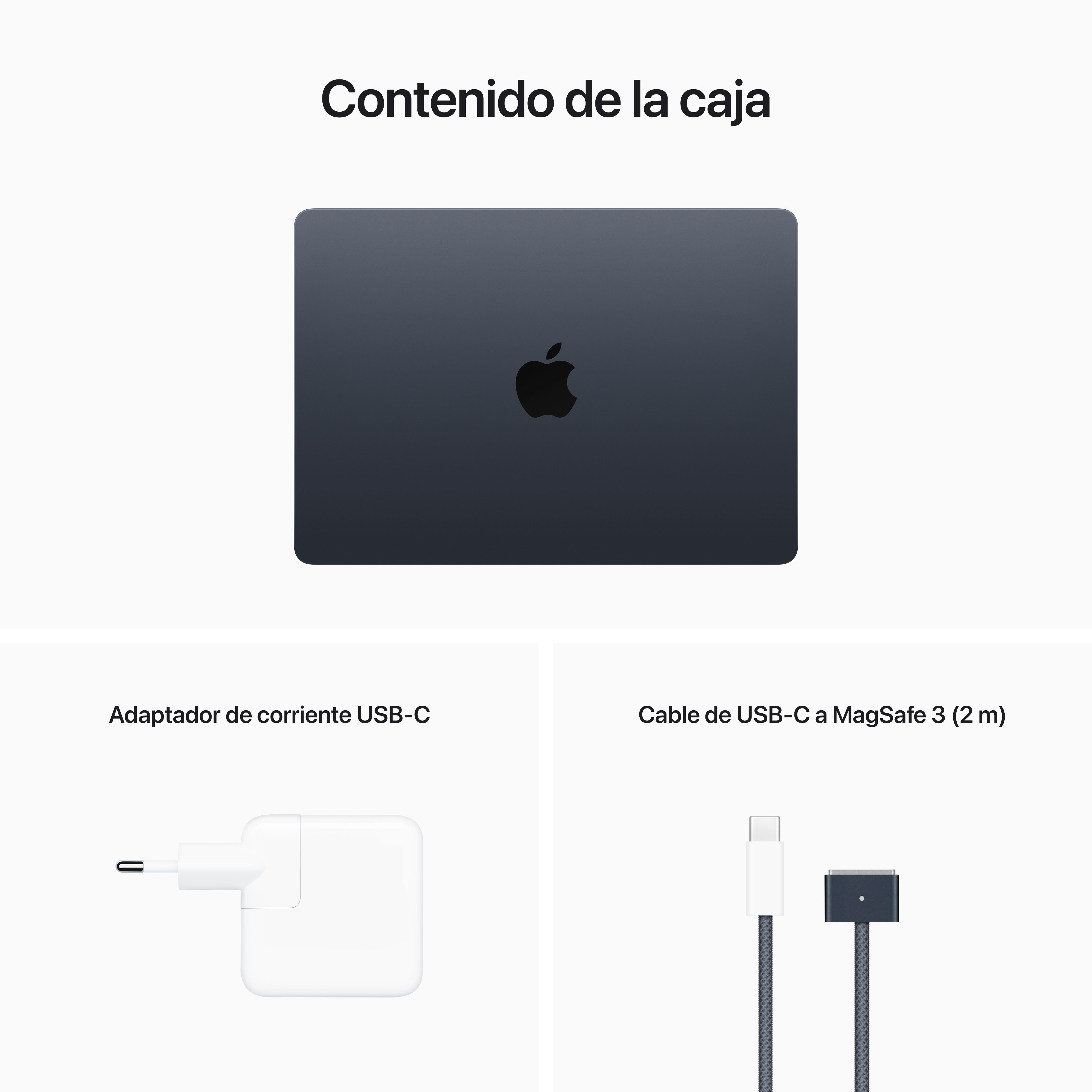 Portátil, cargador y cable. Vista superior, contenido de la caja.
