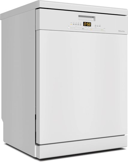 Un lavavajillas Miele blanco con una pantalla digital que muestra la hora y botones de control en la parte delantera.