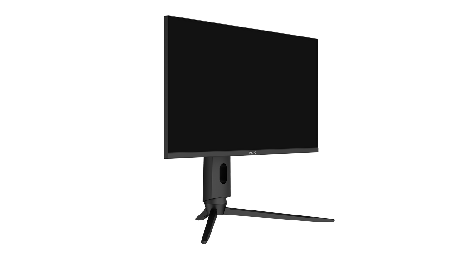 Un monitor de computadora negro sobre un soporte, aislado sobre fondo negro.
