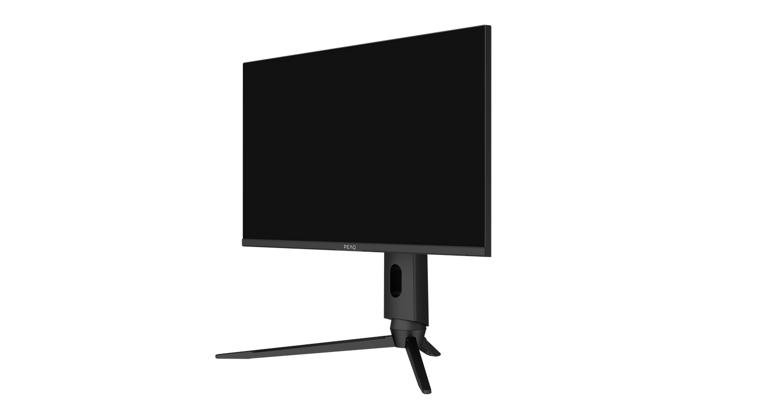 Monitor negro con un soporte delgado, sobre un fondo negro.
