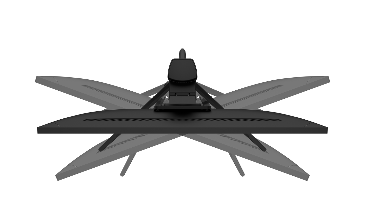Una vista aérea de un soporte de monitor negro, que muestra brazos ajustables.