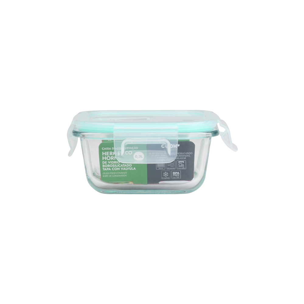 Un recipiente de vidrio transparente con tapa verde azulado, cerrado con clips blancos.