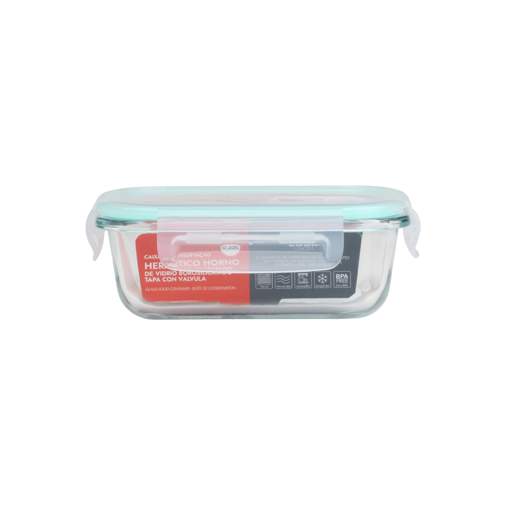 Un recipiente de vidrio para alimentos con tapa azul y clips blancos.
