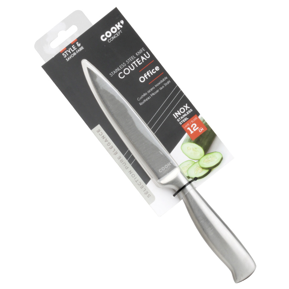 Cuchillo con hoja de acero inoxidable en su embalaje, sobre fondo blanco.
