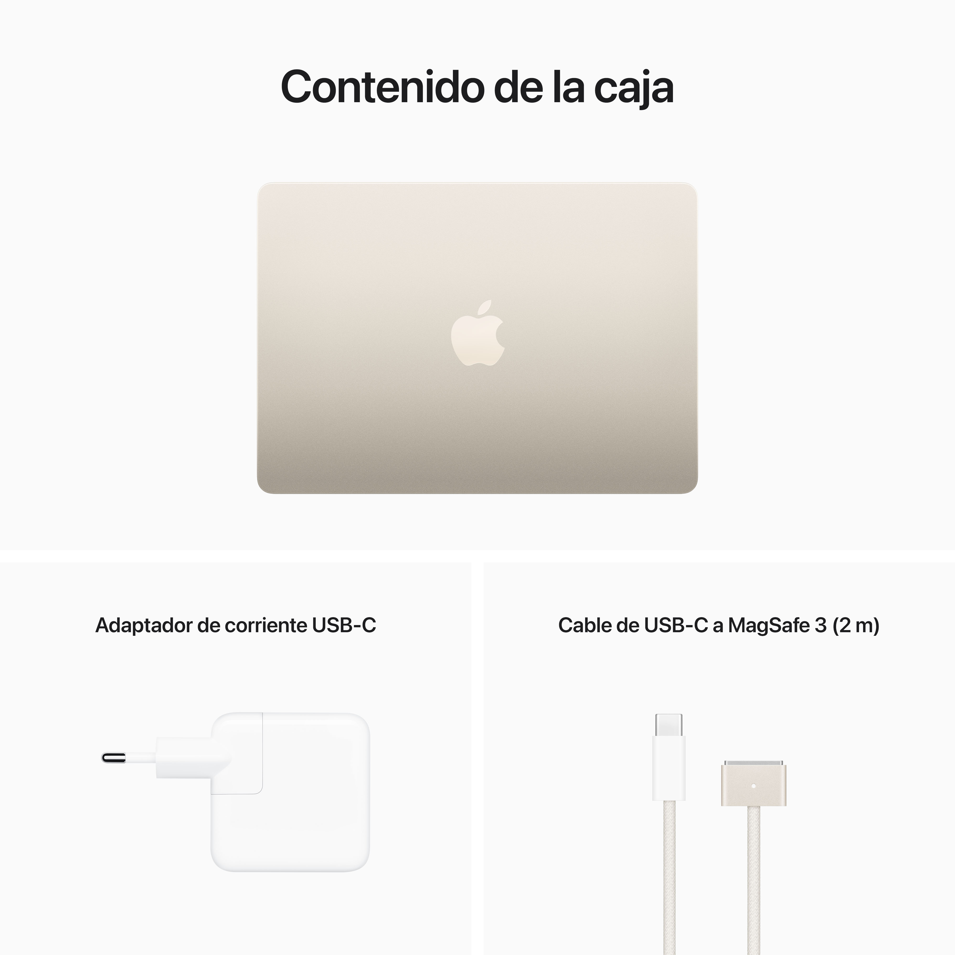 Portátil, adaptador de corriente USB-C y cable USB-C a MagSafe sobre fondo blanco. Texto: 'Contenido de la caja'.
