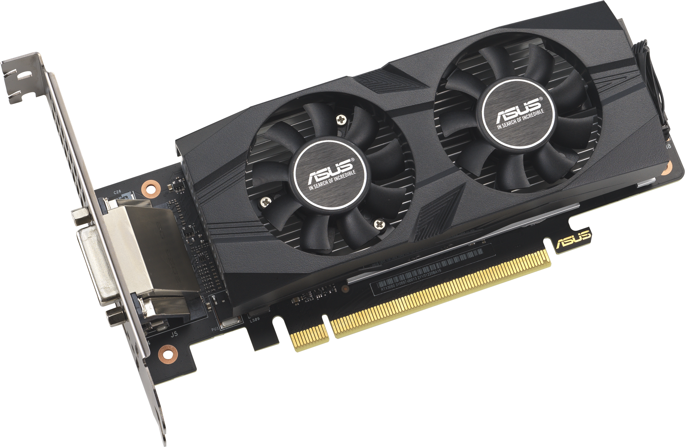 Une carte graphique ASUS noire et grise, avec deux ventilateurs, est présentée sur fond blanc.