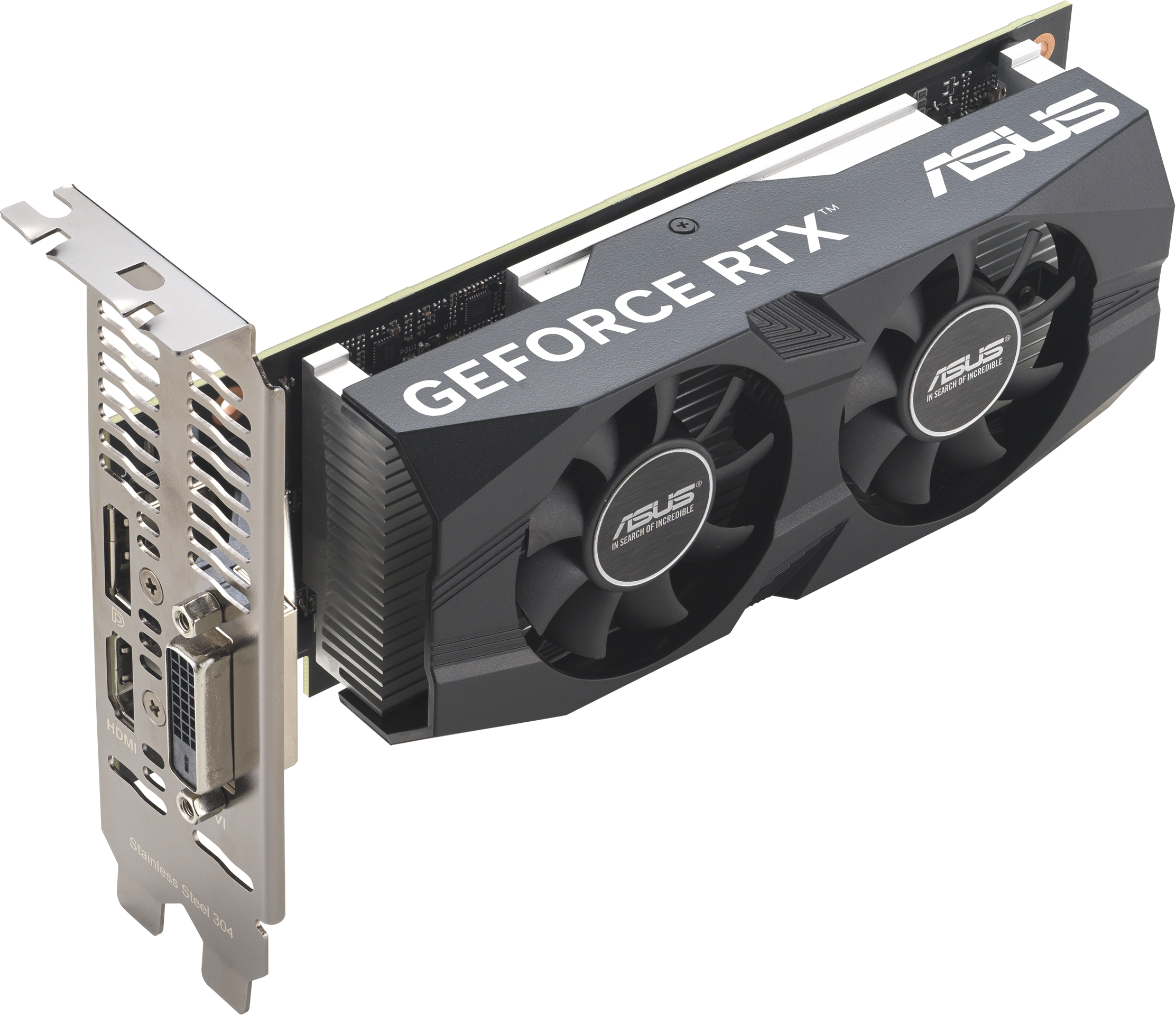 Carte graphique Asus GeForce RTX noire et grise avec deux ventilateurs. Logo ASUS en haut.