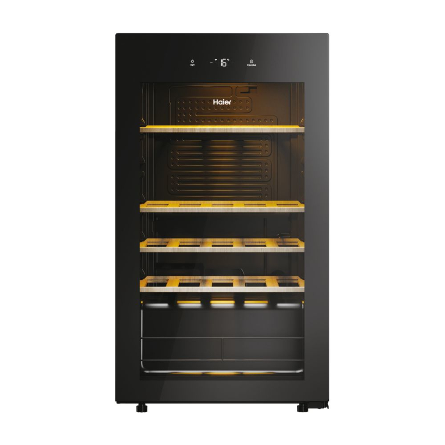 Cantinetta Haier nera con porta in vetro. Ripiani con bottiglie. Display digitale mostra 16 gradi.