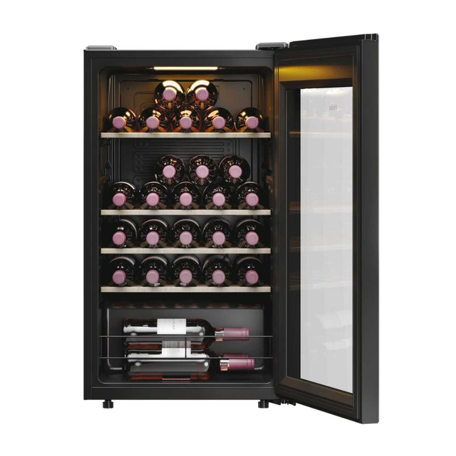 Cantinetta con bottiglie all'interno. Porta aperta. Interno scuro. Esterno nero. Porta a vetro.