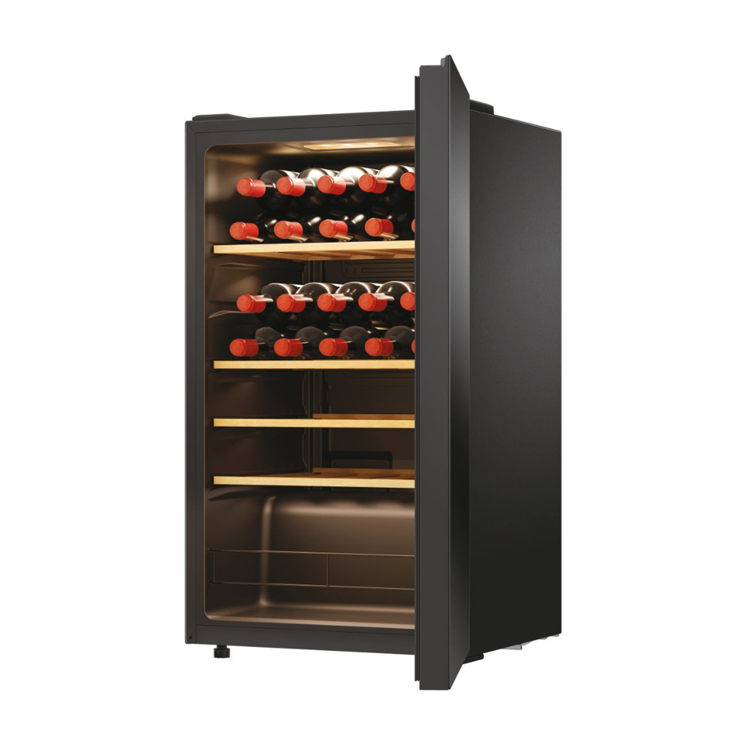 Una cantinetta per vini nera con la porta aperta, che rivela file di bottiglie di vino.