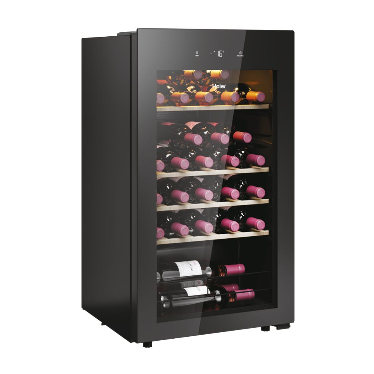 Cantinetta nera con porta a vetri. È piena di bottiglie di vino. La cantinetta ha un display digitale della temperatura.