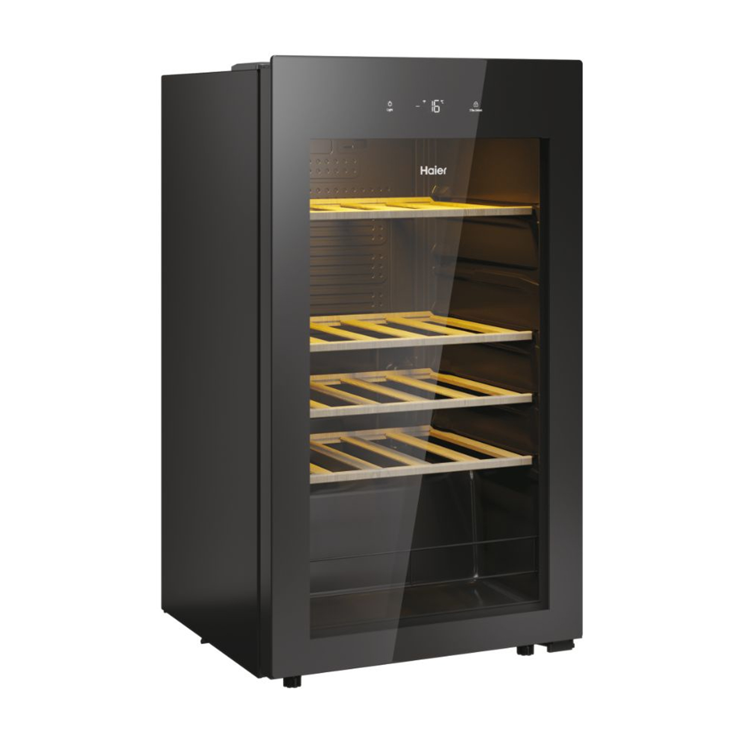 Un refrigeratore per vino nero con porta a vetri, pieno di portabottiglie.