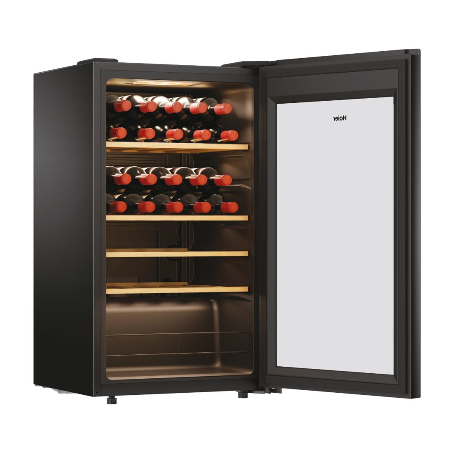 Una cantinetta Haier nera con porta aperta, piena di bottiglie di vino rosso.