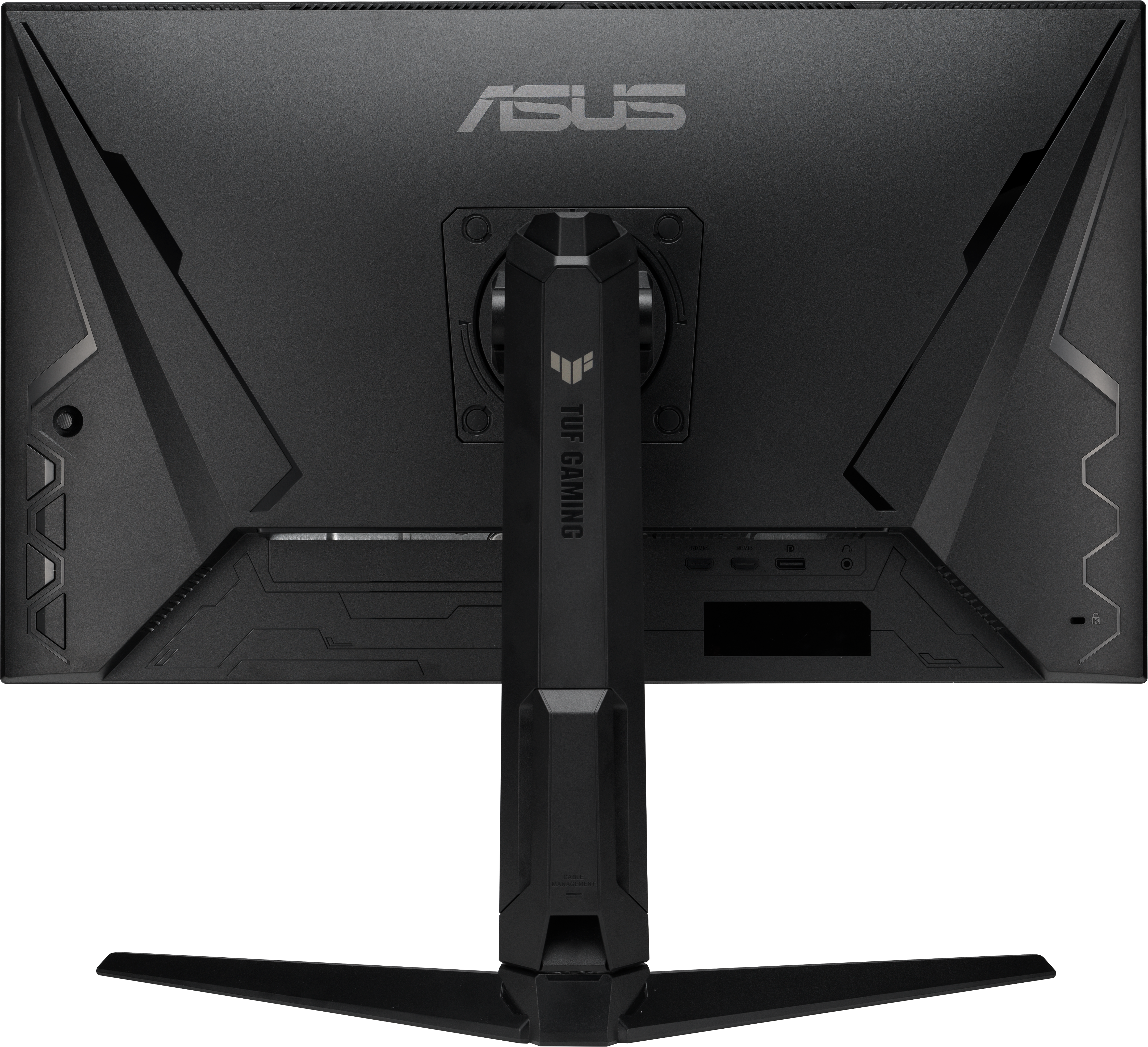 L'arrière d'un moniteur de jeu ASUS TUF noir. Le support est au centre avec le logo TUF GAMING.