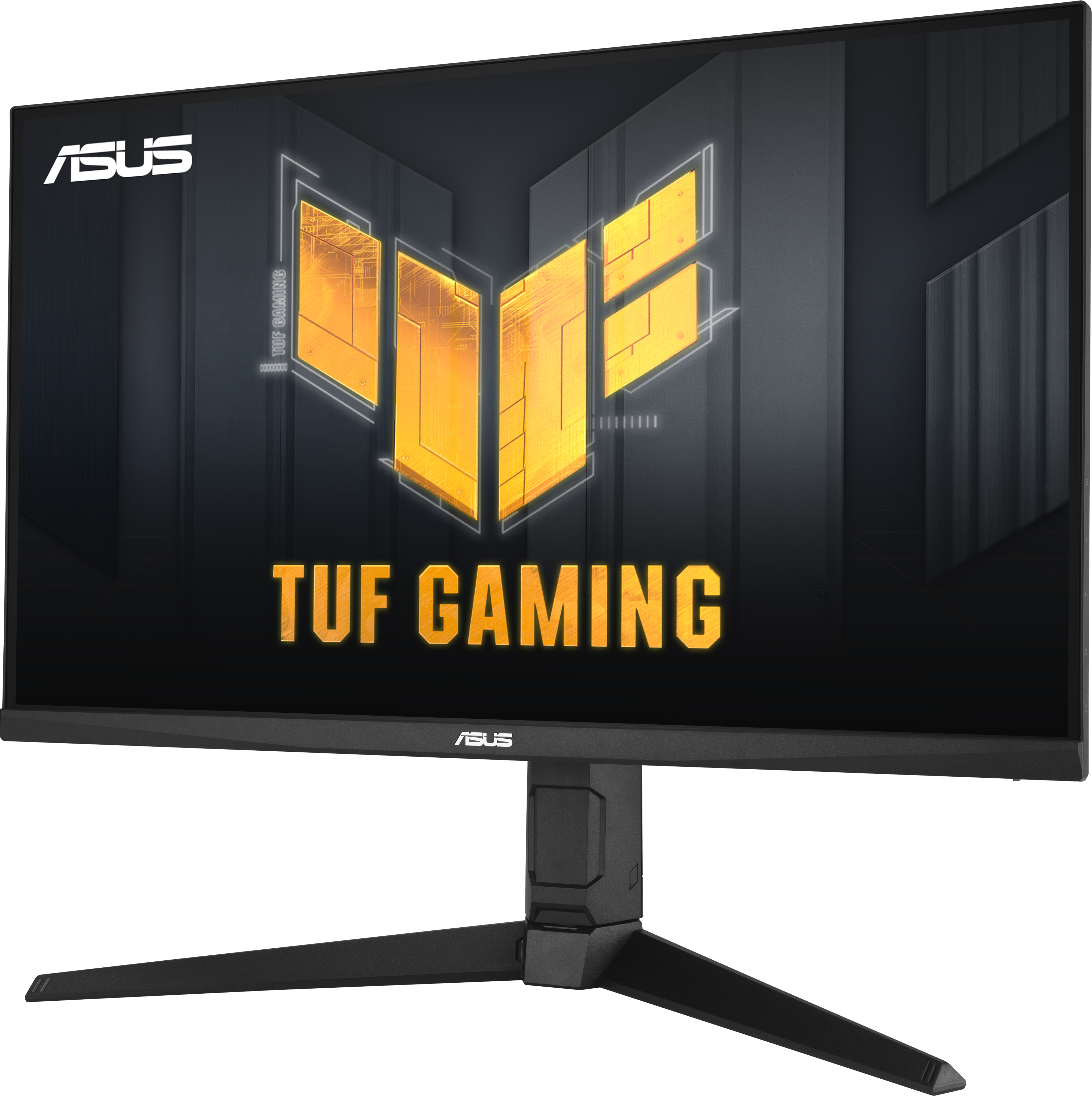 Moniteur de jeu ASUS TUF noir avec support noir. L'écran affiche un logo jaune sur fond noir.