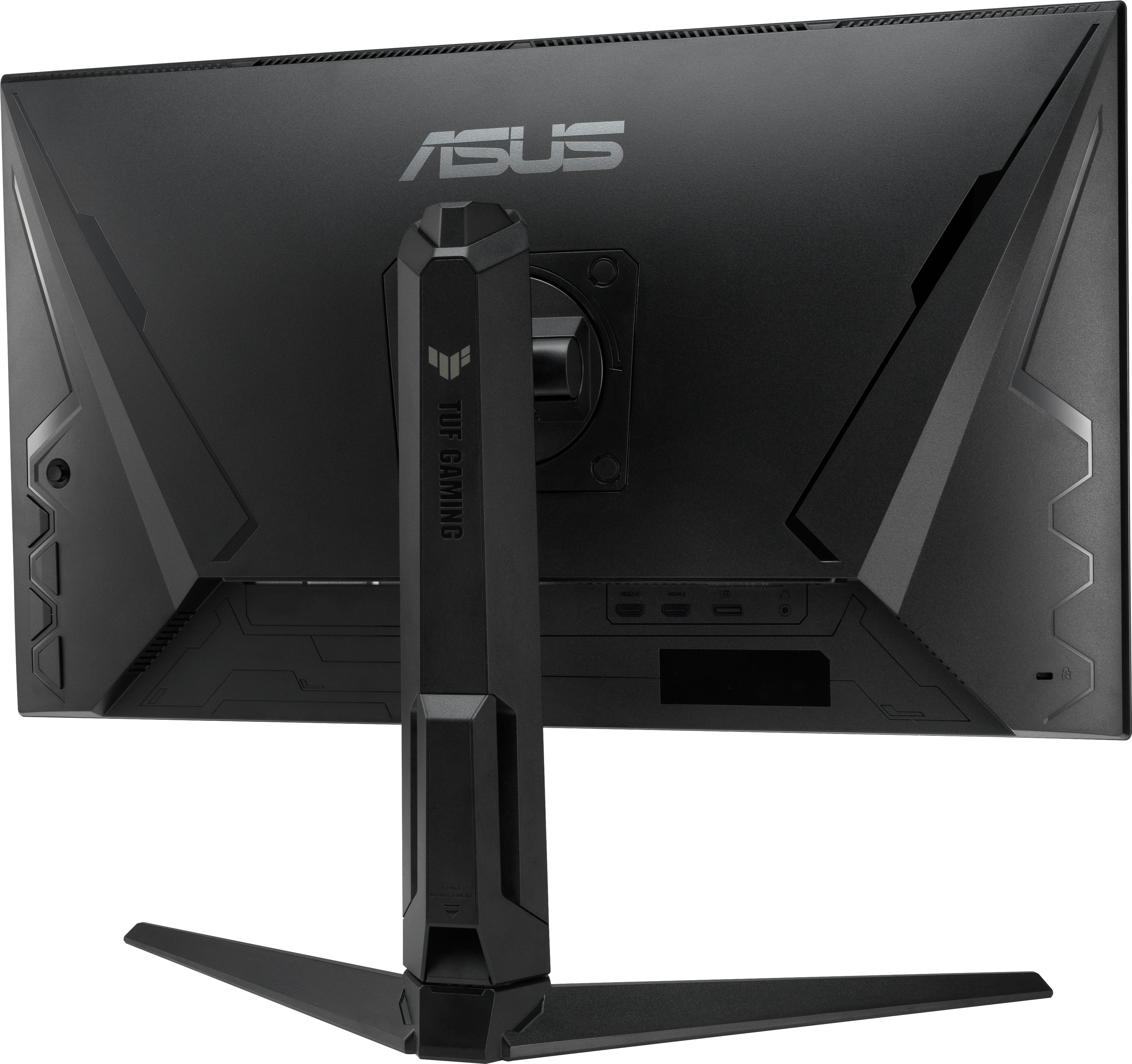 Vue arrière d'un moniteur ASUS TUF Gaming noir avec support.