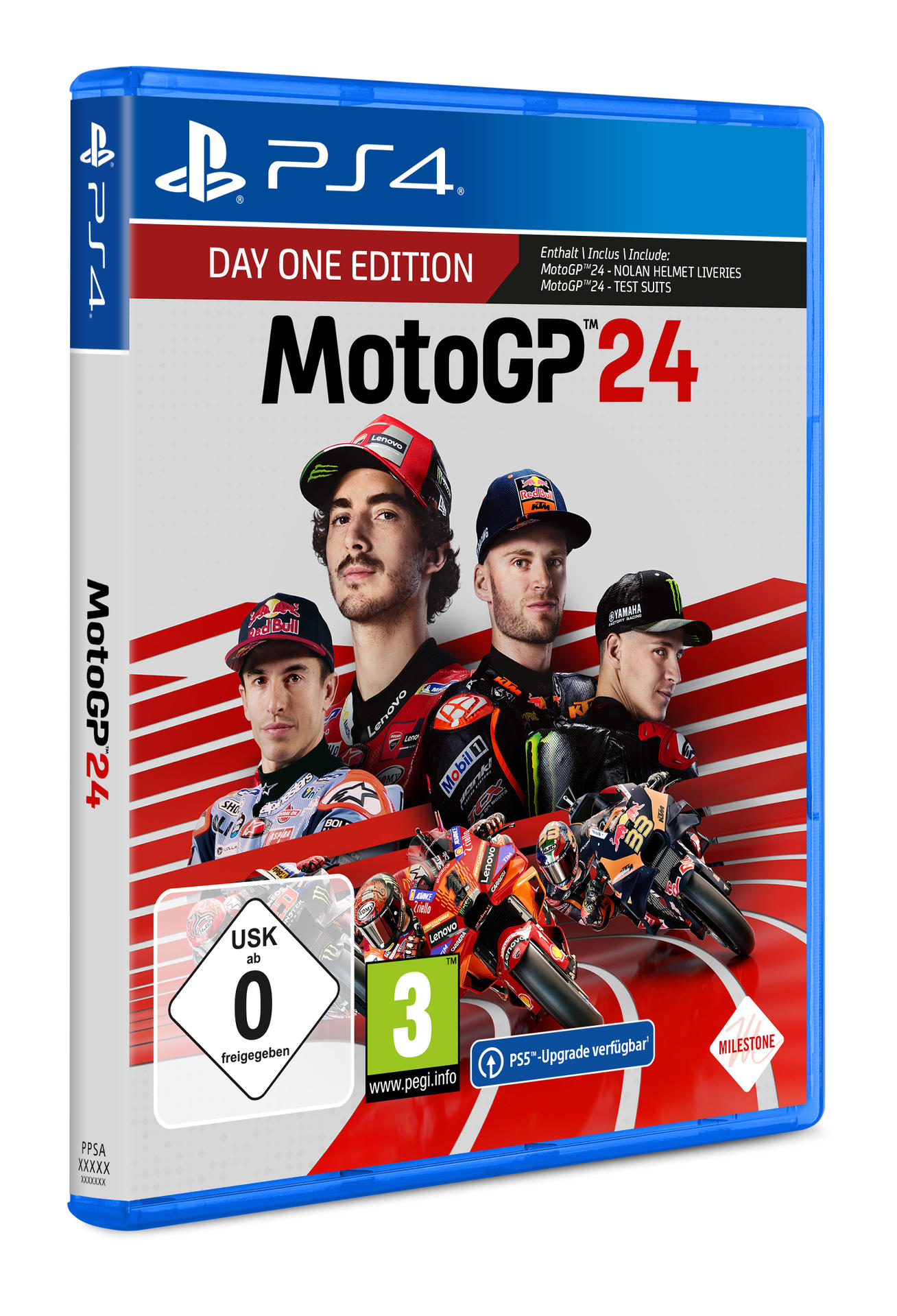 Die Vorderseite eines PlayStation 4 Spielcases, MotoGP 24, mit Spielfiguren darauf.