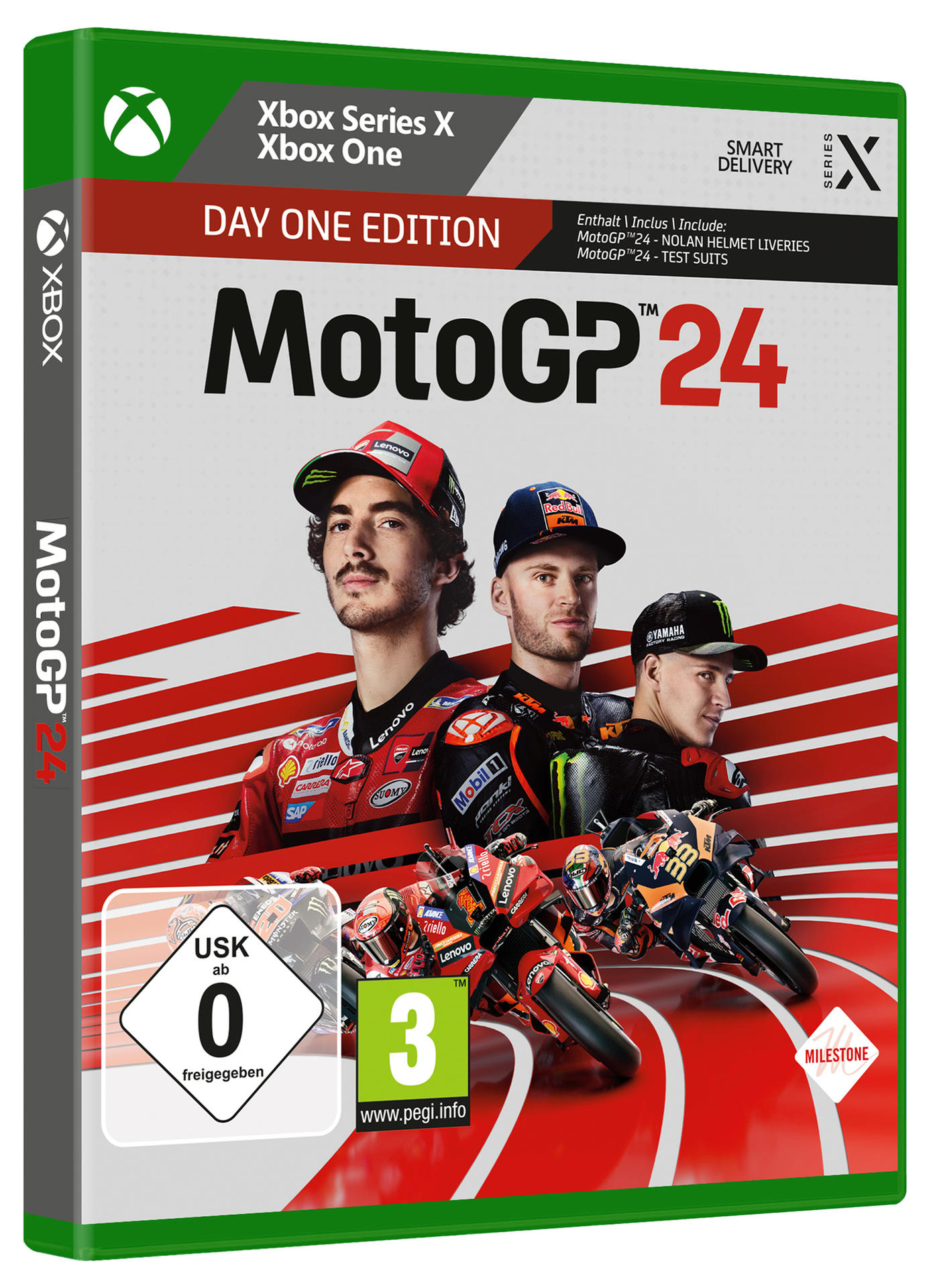 MotoGP 24 Spielbox mit Bildern von Rennfahrern und Motorrädern. Grüne Xbox-Box.