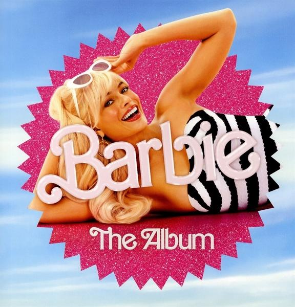 Barbie album borító, rózsaszín csillag, szőke nő napszemüvegben, rózsaszín háttér.