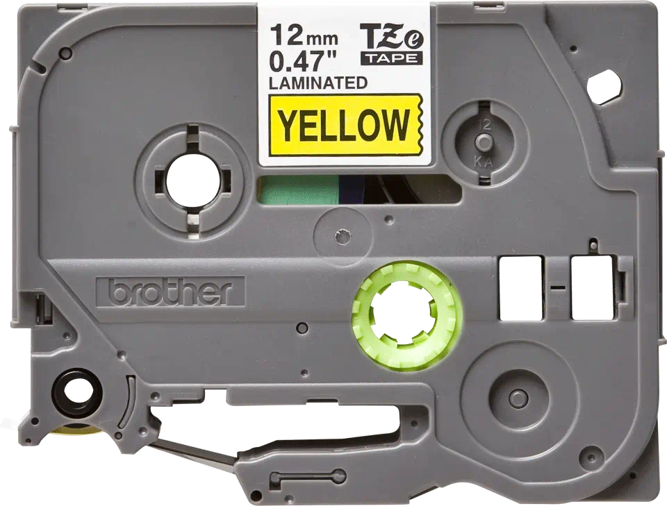 Cartouche de ruban d'étiquettes, gris avec texte jaune et une roue interne verte. Laminé.