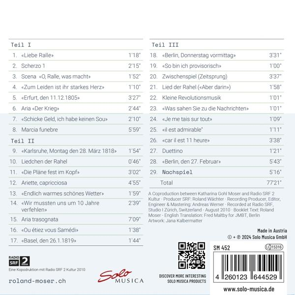 Titelliste mit drei Teilen, Songtiteln und Laufzeiten. Enthält auch Produktionsdetails und QR-Codes.