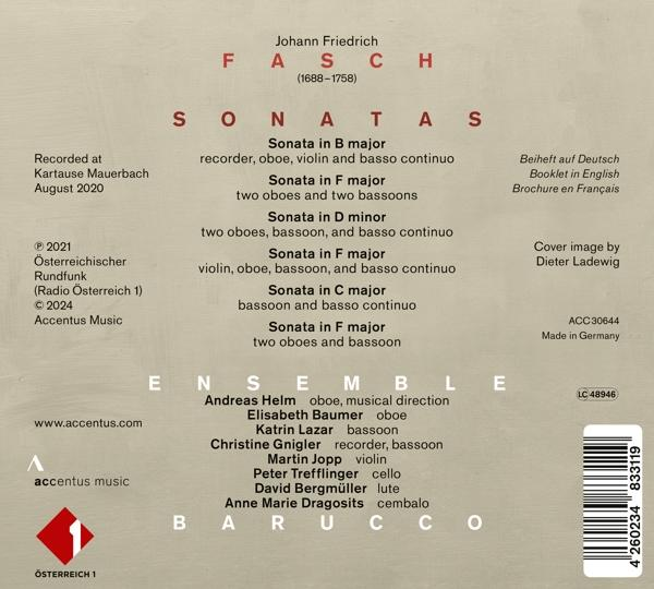 CD-Cover mit Titel "Sonatas" von Johann Friedrich Fasch, Ensemble "Barucco".