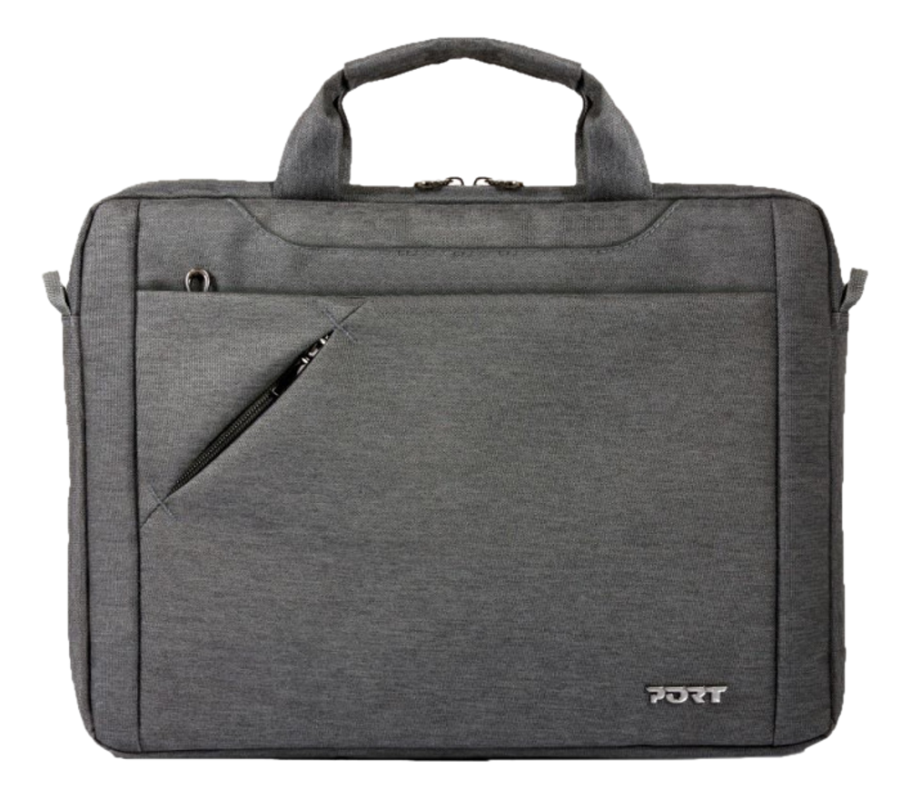 Graue Laptop-Tasche aus Stoff mit Griff und Reißverschluss. Der Hintergrund ist schwarz.